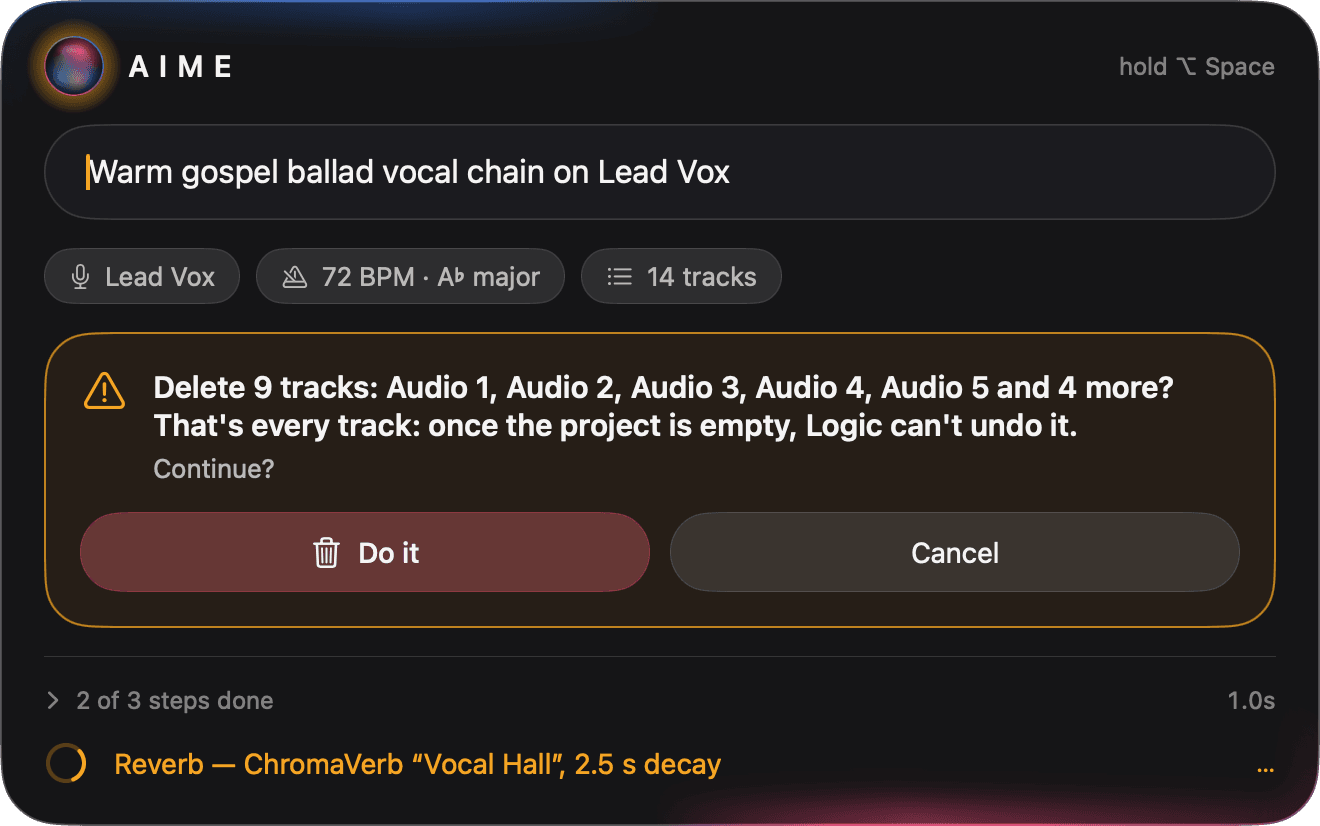 AIME asking: Delete 9 tracks? That's every track: once the project is empty, Logic can't undo it.