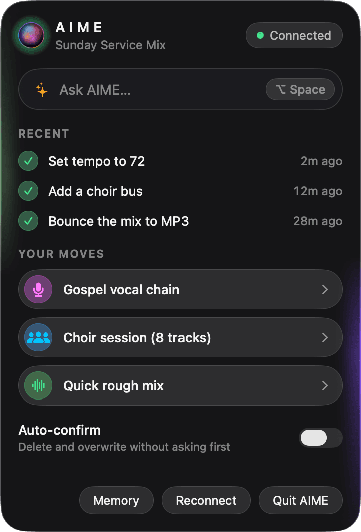 The AIME menu: connected to Sunday Service Mix, recent requests and your Moves