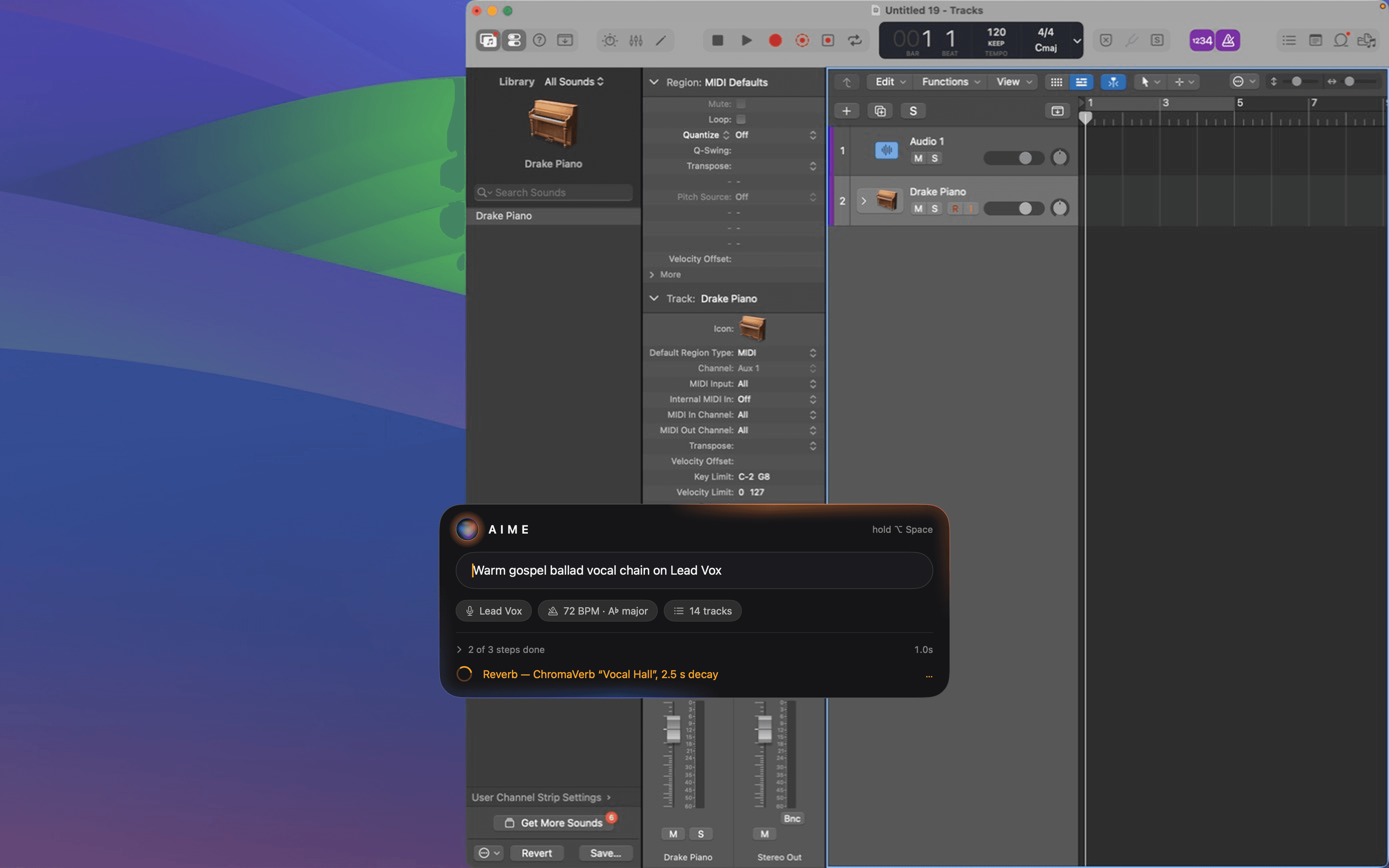 AIME's command bar running a warm gospel vocal chain over a Logic Pro project